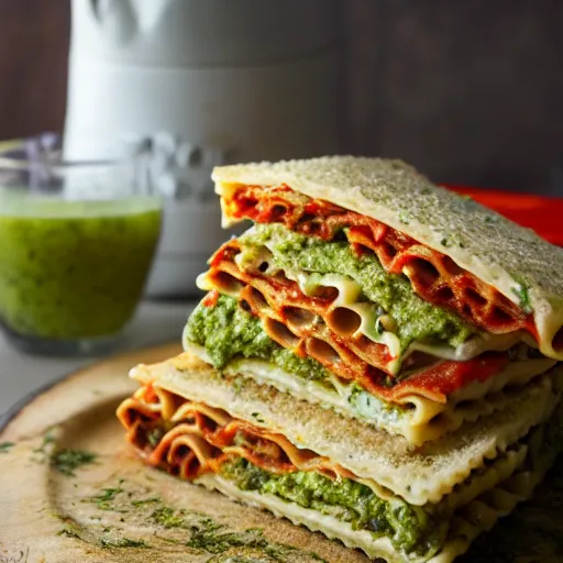 Prompt: a pesto lasagna sandwich, cookbook photo