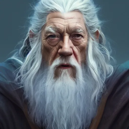 Prompt: a portrait of gandalf cinematic lighting, photorealistic, octane render, 8 k, depth of field, 3 d, art by artgerm and greg rutkowski and alphonse mucha and uang guangjian and gil elvgren and sachin ten