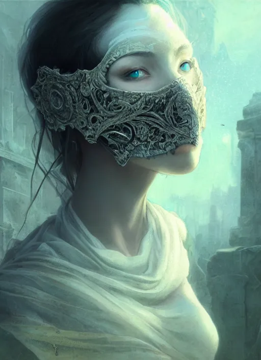 Prompt: close up of a veiled half scull mask girl on the ruins temple, smog on the floor, extremely beautiful and aesthetic and attractive detailed face and body, chiaroscuro, dynamic pose, fantasy illustrations, by makoto shinkai and jeremy lipking and ferdinand knab