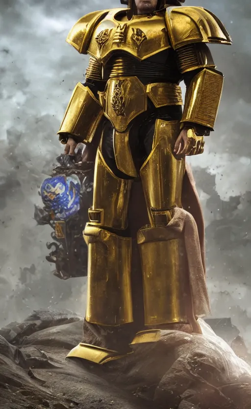 Prompt: Henry Cavill as warhammer 40k Emperor of Mankind dressed in his golden power armor. full-length portrait, beautiful face, long hair, painted by Donato Giancarlo and Annie Liebowitz, fine details, cinematic, highly detailed, octane render