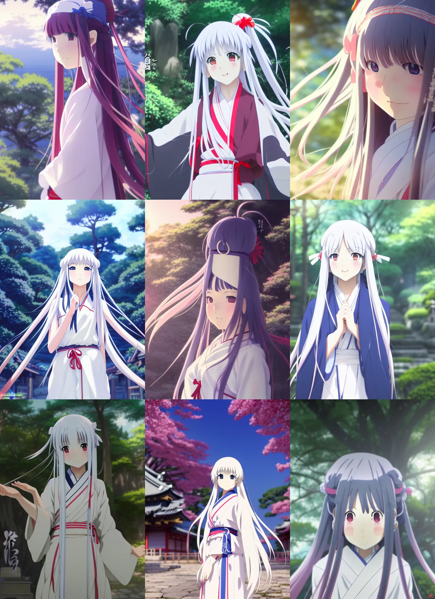 Prompt: anime film still full body portrait of a young japanese girl with long white hair in traditional clothing at a shrine, facial features, dynamic pose, pixiv fanbox, yoshinari yoh makoto shinkai takashi takeuchi, akihiko yoshida, gapmoe, 4 k