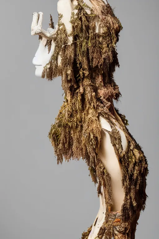 Image similar to A beautiful dress carved out of dead wood with lichen and mushrooms, on a mannequin. High quality, high resolution, studio lighting