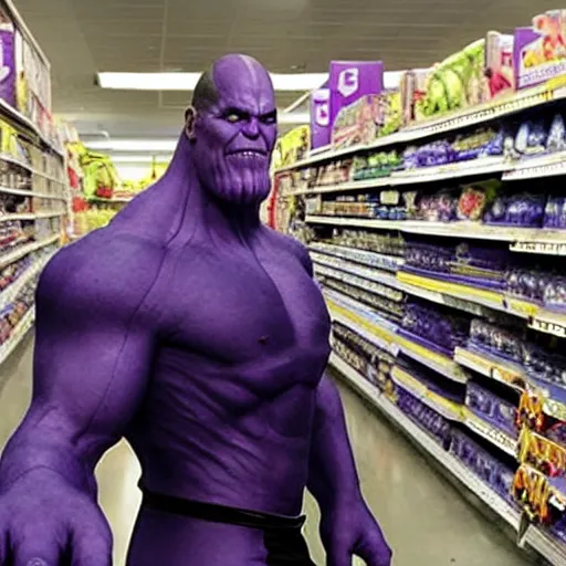 Image similar to thanos looking for his mom at wallmart, sharp focus