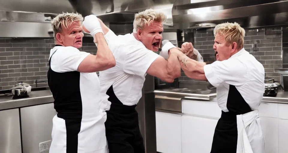 Image similar to photo of angry furious Gordon Ramsay punching Gordon Ramsay at the kitchen