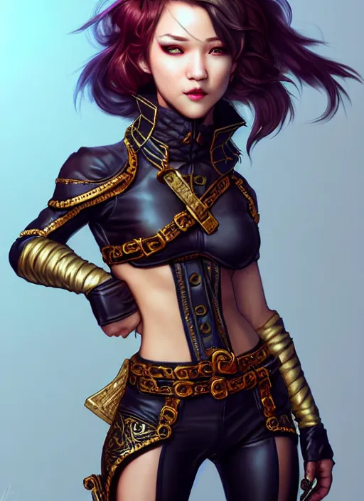 Image similar to rogue, fantasy ornate leather bandit outfit!!! close - up portrait beautiful and athletic short hair female!! gorgeous face and eyes!! character concept art, sharp focus, octane render! unreal engine 5! highly rendered!! trending on artstation!! detailed linework!! illustration by artgerm, wlop, and chie yoshii