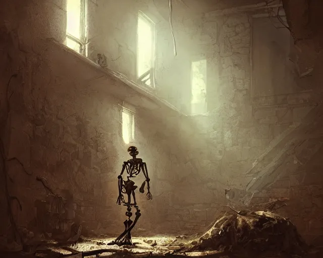 Prompt: a skeleton chained up in a corner of an old abandoned dungeon, very little moss, dark, ancient. Atmospheric lighting, By Makoto Shinkai, Stanley Artgerm Lau, WLOP, Rossdraws, James Jean, Andrei Riabovitchev, Marc Simonetti, krenz cushart, Sakimichan, D&D trending on ArtStation, digital art.