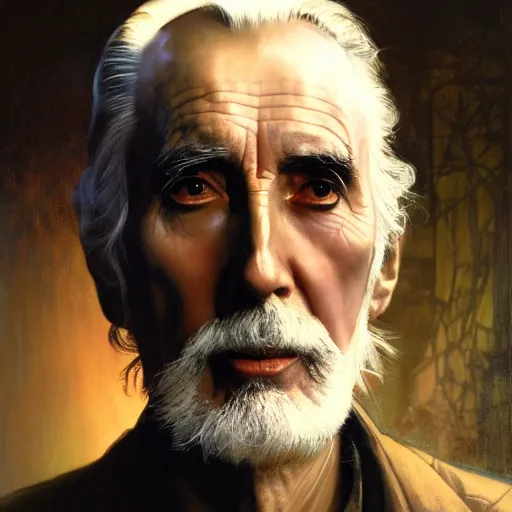 Image similar to hyperrealist portrait of christopher lee as an ancient old alien with large cruel intelligent eyes and a huge head standing in front of a computer interface by jeremy mann and alphonse mucha and alan lee, fantasy art, photo realistic, dynamic lighting, artstation, poster, volumetric lighting, very detailed faces, award winning, full face, symmetry