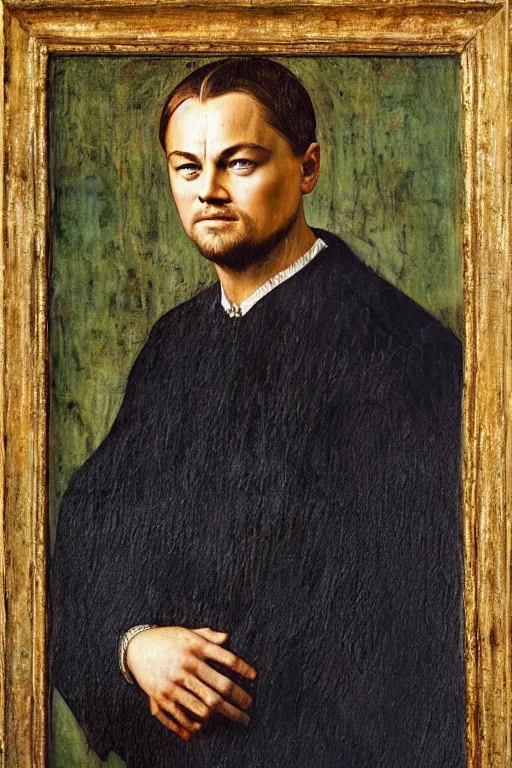 Image similar to portrait of leonardo dicaprio, oil painting by jan van eyck, northern renaissance art, oil on canvas, wet - on - wet technique, realistic, expressive emotions, intricate textures, illusionistic detail