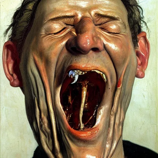 Prompt: high quality high detail painting of a man screaming in agony by lucian freud and michael hussar and jenny saville and francis bacon, hd, anxiety