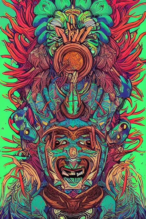 Image similar to animal mask totem roots flower tribal feather gemstone plant wood rock shaman vodoo video game vector cutout illustration vivid multicolor borderlands comics by josan gonzales and dan mumford radiating a glowing aura