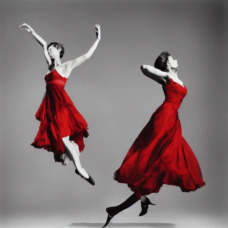 Image similar to A high-detailed photo of woman dancing in the night, grayscale photo with red dress, realism, photo by Richard Avedon