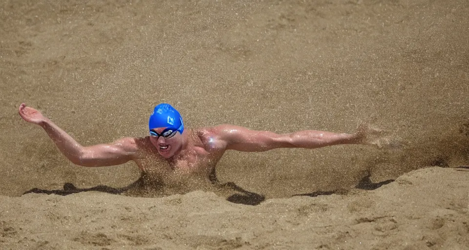 Image similar to olympic swimming in sand instead of water, extremely coherent, motion blur