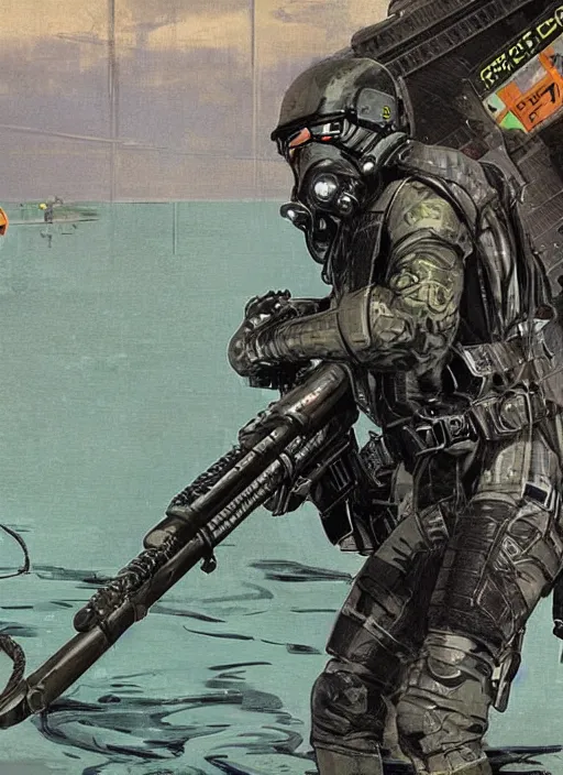 Prompt: black cat. USN blackops operator emerging from water at the shoreline. Operator wearing Futuristic cyberpunk tactical wetsuit and looking at an abandoned shipyard. Frogtrooper. rb6s, MGS, and splinter cell Concept art by James Gurney, Alphonso Mucha. Vivid color scheme.