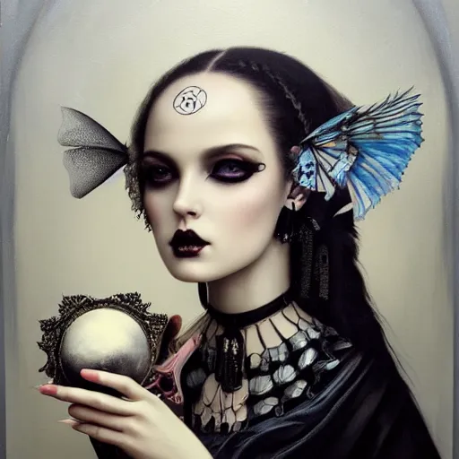 Image similar to By Tom Bagshaw, ultra realist soft painting of a curiosities carnival by night, very beautiful female dollpunk in full gothic dress, symmetry accurate features, very intricate details, omnious sky, black and white, volumetric light clouds