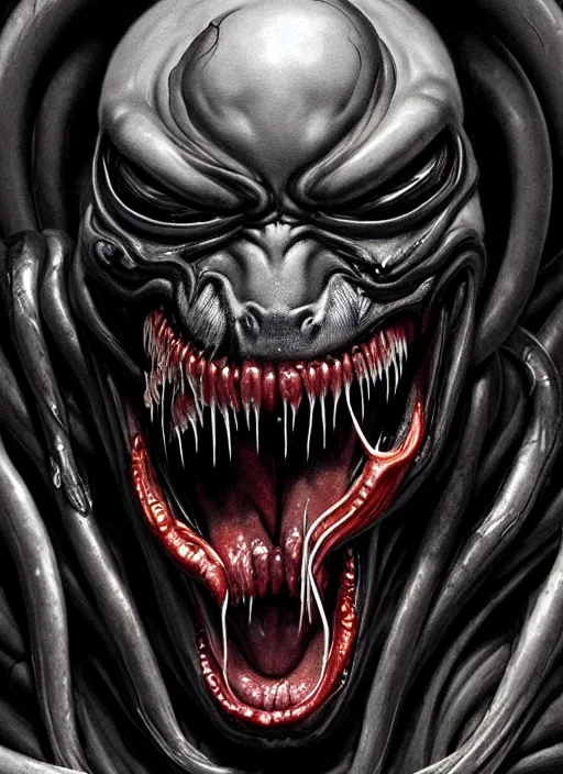 Prompt: a dream portrait of venom as god of the death, black & white, melting, webbing, 8 k, by tristan eaton, stanley artgerm, tom bagshaw, greg rutkowski, carne griffiths, ayami kojima, beksinski, giger, trending on deviantart, face enhance, hyper detailed, minimalist, horror, alien