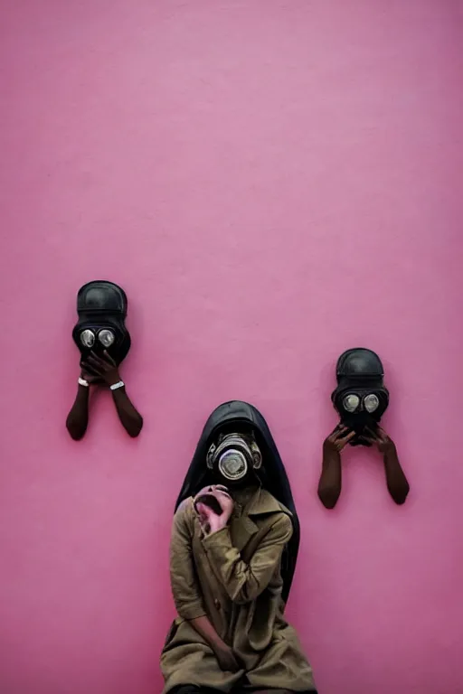 Image similar to a surreal portrait of intertwined and contorted figures wearing gas mask next to a pink wall in the style of brooke didonato, editorial fashion photography from vogue magazine, full shot, nikon d 8 1 0, ƒ / 2. 5, focal length : 8 5. 0 mm, exposure time : 1 / 8 0 0, iso : 2 0 0