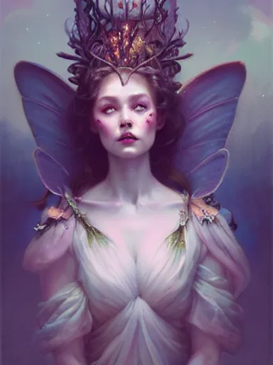 Image similar to the fairy queen on her throne, by james jean, charlie bowater, tom bagshaw, nikolay makovsky : : portrait, character, illustration, hyperrealism, photorealism, digital art, concept art, fantasy, whimsy, weta, wlop, artstation