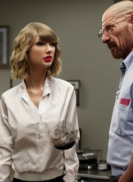 Image similar to TV still of taylor swift in breaking bad. Speaking to Walter White