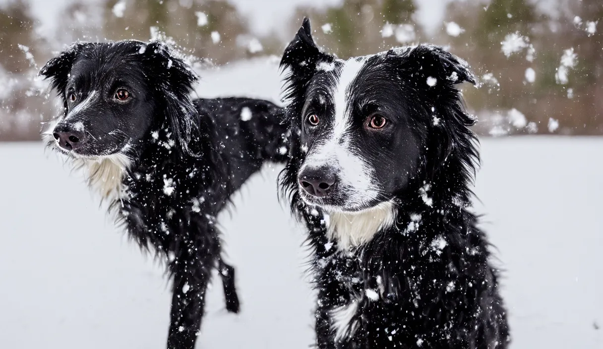 Image similar to A mostly black border collie with a white spot on her forhead playing in the snow, photorealistic