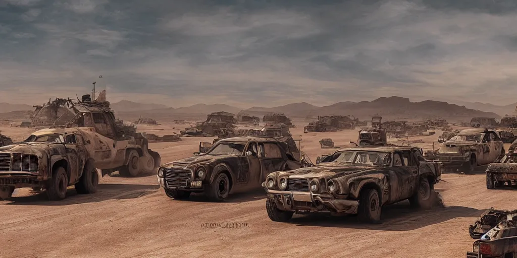 Image similar to mad max inspired vehicle convoy driving through abandoned city square with desert vegetation all around, panorama, digital art, over the top