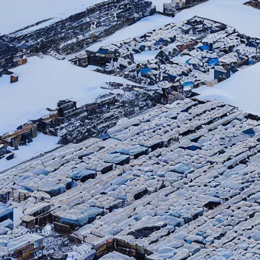 Image similar to sattelite image of post pocaliptic snow from 250 meters height, old lumber mill remains, few crates with wood and supply, beautiful icy area