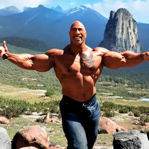 Image similar to real life photo of dwayne the rock johnson in front of a mountain