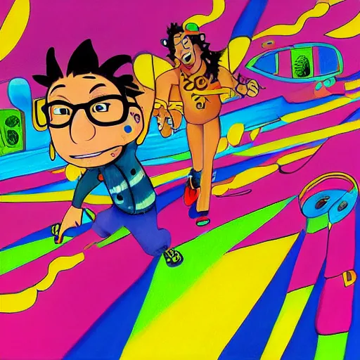 Prompt: high detailed painting of the adult version Otto Rocket of rocket power nick cartoon dancing at a rave