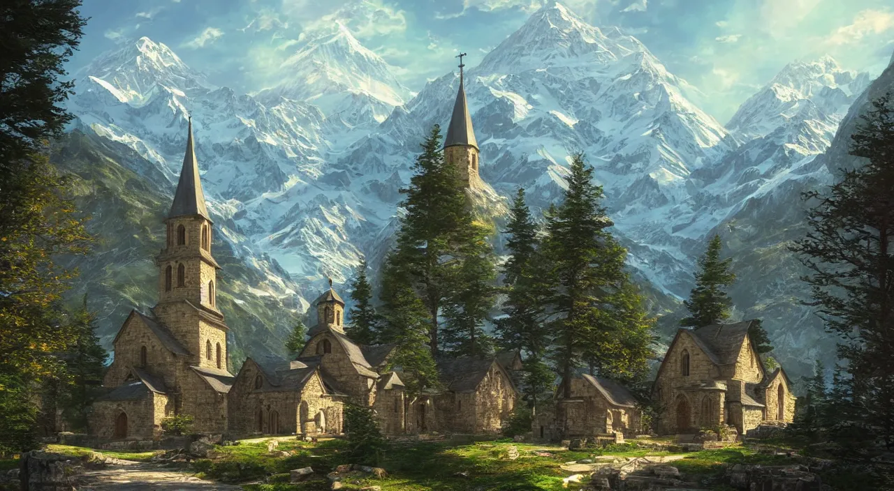 Prompt: Church at the foot of Mount Kazbek, by Makoto Shinkai and Thomas Kinkade, fantasy matte painting, trending on cgsociety and unreal engine，light effect，highly detailed，super wide angle，