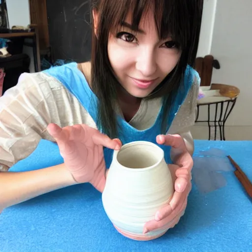 Prompt: Cute anime girl doing pottery