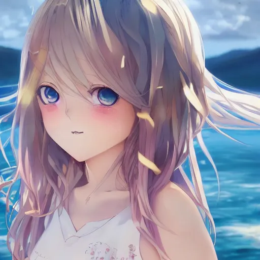 Image similar to a very beautiful anime girl, full body, long wavy blond hair, sky blue eyes, full round face, short smile, cute top, short jeans, summer lake setting, cinematic lightning, medium shot, mid-shot, highly detailed, trending on Artstation, Unreal Engine 4k, cinematic wallpaper by Stanley Artgerm Lau, WLOP, Rossdraws, James Jean, Andrei Riabovitchev, Marc Simonetti, and Sakimichan