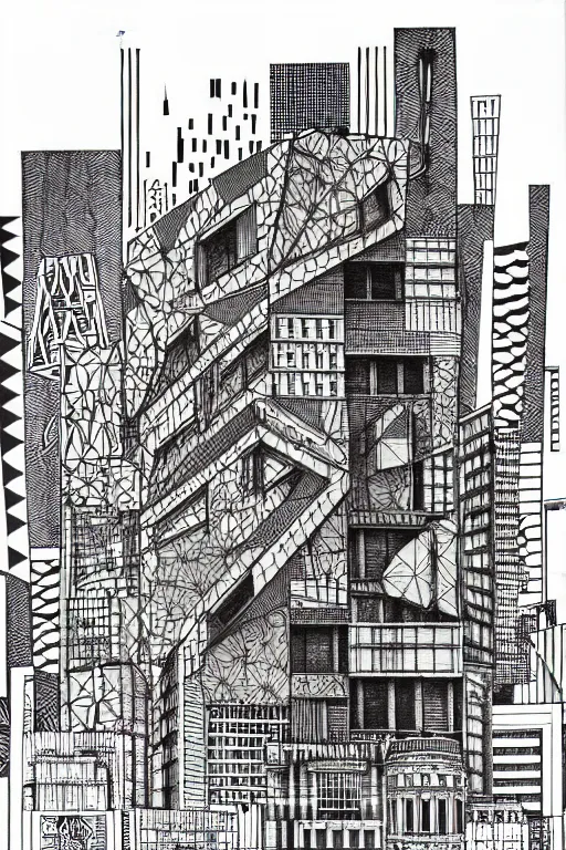 Prompt: a black and white drawing of a building, cityscape, a detailed mixed media collage by hiroki tsukuda and eduardo paolozzi, intricate linework, sketchbook drawing, geometric, street art, polycount, deconstructivism, matte drawing, academic art, constructivism