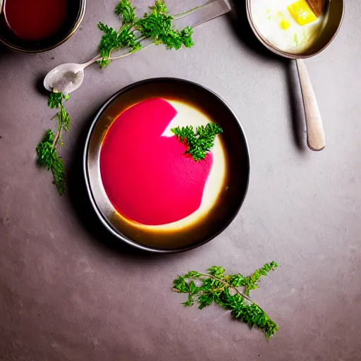 Image similar to borscht served with fake cat ears, award winning food photo, 4 k, delicious, polish food, high quality