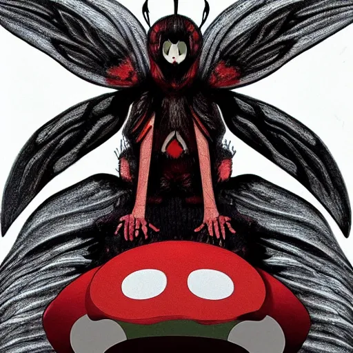 Image similar to 4K headshot of mothman with a mushroom hat and rouch clothes with giant wings , intricate face , flawless anime cel animation by Manabu Oshashi and Satoshi Kon, professionally post-processed , beautiful, scary, symmetry accurate features, epic, octane rendered, anime masterpiece, accurate