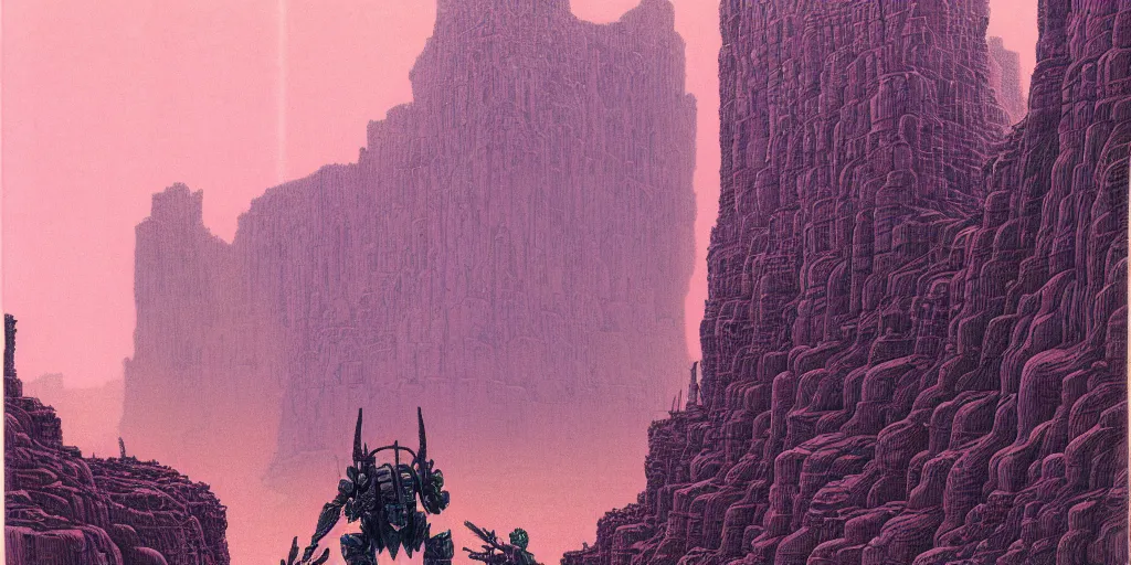 Prompt: grainy risograph matte painting of gigantic huge mech with huge swords, pastel matte colors, staying in the toxic canyon, filled with exotic animals on tall legs, by moebius, hyperrealism, intricate detailed