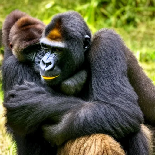 Prompt: a gorilla hugging a tiger