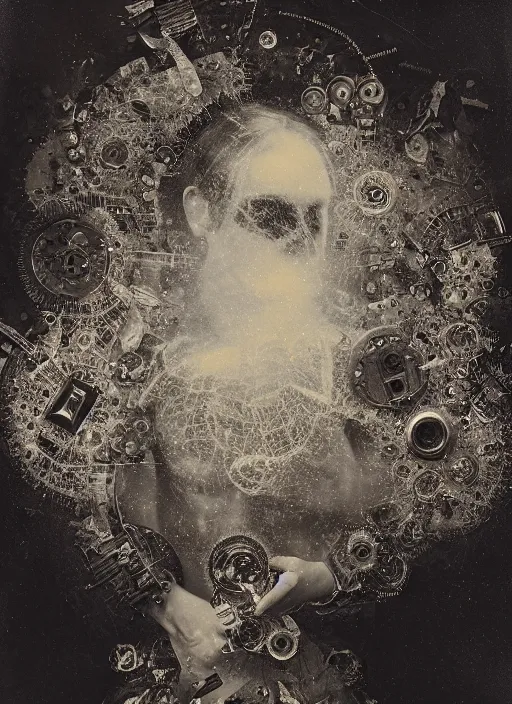 Image similar to old wetplate daguerreotype portrait of the imploding universe, explosion of data fragments, fractal, intricate, elegant, highly detailed, parallax, leica, medium format, subsurface scattering, by jheronimus bosch and greg rutkowski and louis jacques mande daguerre