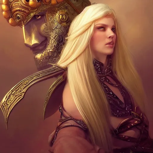 Image similar to A beautiful digital painting of a strong woman with blond haire, in a regal armor, princess, barbarian, D&D, fantasy, intricate, cinematic lighting, highly detailed, digital painting, Artstation, concept art, smooth, sharp focus, illustration, art by Artgerm and Greg Rutkowski, Alphonse Mucha and charlie bowater