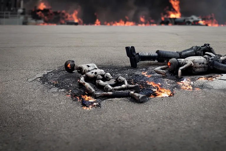 Image similar to vfx film closeup, dead robot couple on the ground holding hands, city street tire tracks fire. flat color profile low - key lighting award winning photography arri alexa cinematography, hyper real photorealistic cinematic atmospheric cool colorgrade