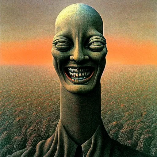 Prompt: highly detailed dystopian surreal painting of eerie grinning head statues and buildings by zdzisław beksinski