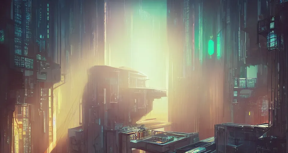 Prompt: picture of a loft in morning, luxury, interior design, tall windows, first light, sunshafts, science - fiction, cyberpunk city, flying cars, volumetric lights, colorful, foggy day outside, concept art, art station, by alena aenami