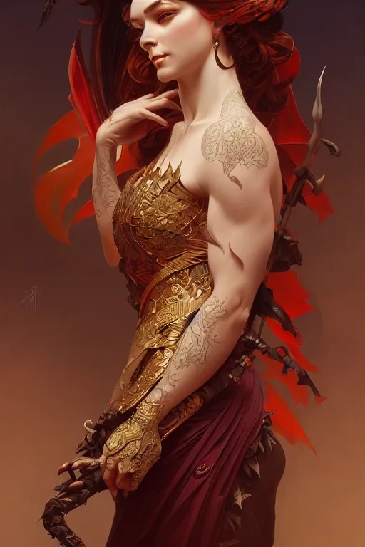 Prompt: painting of a devil, decorated, intricate, elegant, highly detailed, digital painting, artstation, concept art, smooth, sharp focus, illustration, art by artgerm and greg rutkowski and alphonse mucha, 8 k