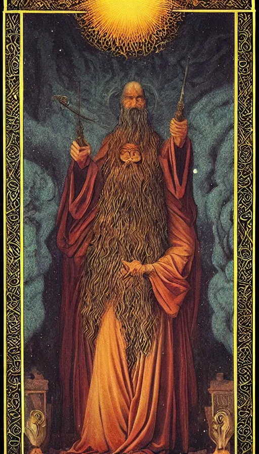 Prompt: the emperor, tarot design, taurus, mars energy, ankh scepter in his hand, wisdom, long white beard, agostino arrivabene