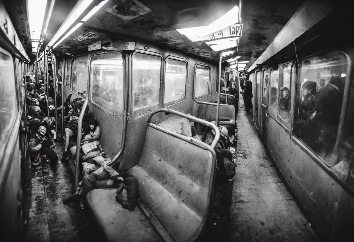 Image similar to a photo of a busy subway wagon, there is a huge monster octopus on the interior, tentcles creeping in thrugh the windows and gaps, people are scared and screaming while trying to flee through the windows, 1 6 mm lens,