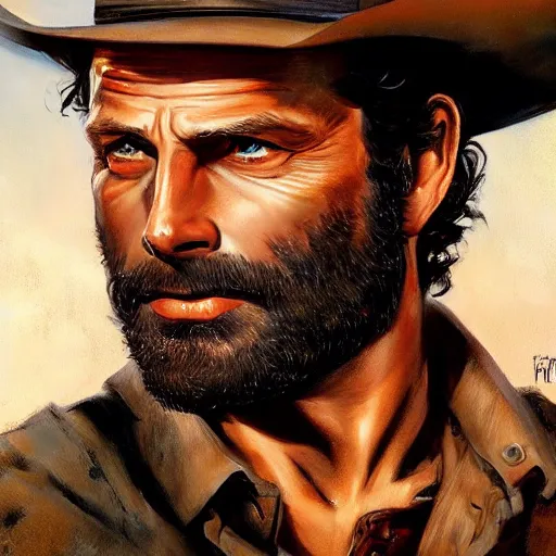 Image similar to ultra realistic portrait painting of rick grimes as a western outlaw, art by frank frazetta, 4 k, ultra realistic, highly detailed, epic lighting