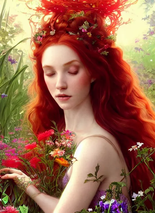 Image similar to a beautiful red haired woman as a fairy princess in a garden holding a bunch of wild flowers, deep focus, d & d, fantasy, intricate, elegant, highly detailed, digital painting, artstation, concept art, matte, sharp focus, illustration, hearthstone, art by artgerm and greg rutkowski and alphonse mucha