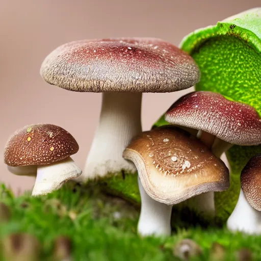 Image similar to macro photo with a mushroom character with cute eyes and mycelium, very close to real nature, natural colors and natural surroundings, painted patterns and coloring on mushrooms, 8K, highly detailed, cartoon