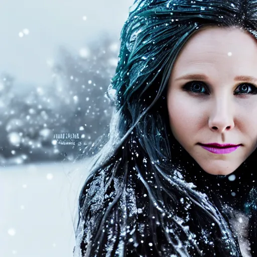 Prompt: Kristen Bell as a mermaid covered in snow, grungy, unkept hair, glowing eyes, winter, modelsociety, radiant skin, huge anime eyes, RTX on, bright on black, dramatic, studio lighting, perfect face, intricate, Sony a7R IV, symmetric balance, polarizing filter, Photolab, Lightroom, 4K, Dolby Vision, Photography Award