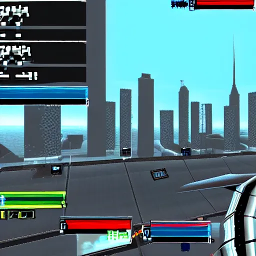 Image similar to a screenshot from the video game super 9 / 1 1, in which players control planes and intend to hit as many towers as possible, multiplayer party game, video game screenshot