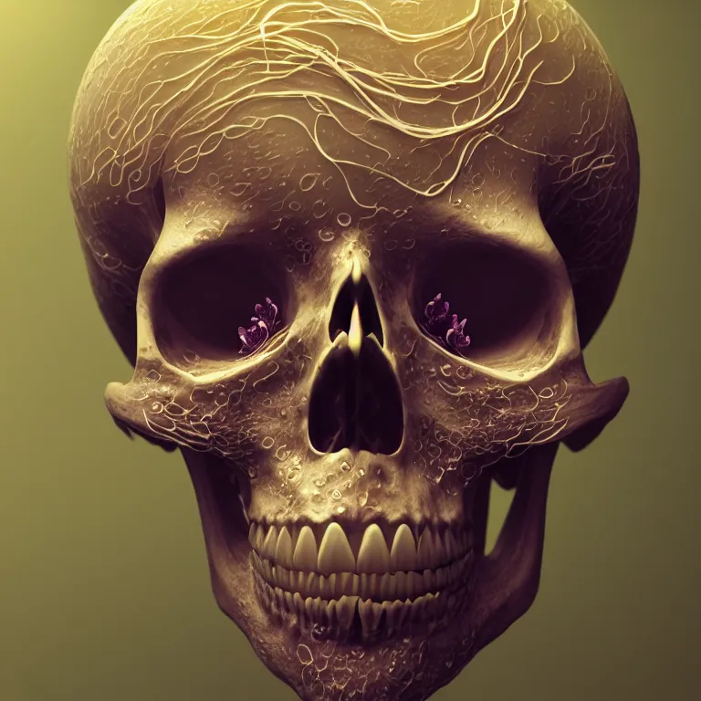 Image similar to portrait of skull and orchids, bio luminescent jellyfish, intricate artwork by Tooth Wu and wlop and beeple. octane render, trending on artstation, greg rutkowski very coherent symmetrical artwork. cinematic, hyper realism, high detail, octane render, 8k