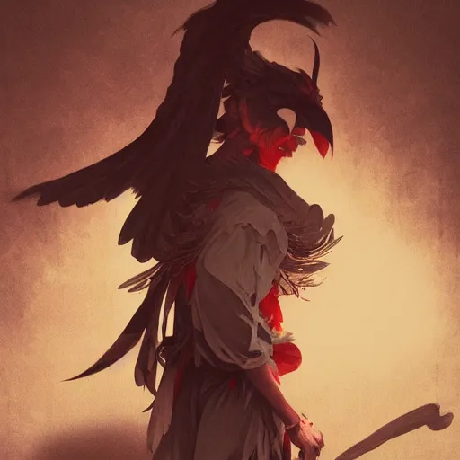 Image similar to a photorealistic dramatic fantasy render of a japanese tengu by wlop, artgerm, greg rutkowski, alphonse mucha, beautiful dynamic dramatic dark moody lighting, shadows, cinematic atmosphere, artstation, concept design art, octane render, 8 k